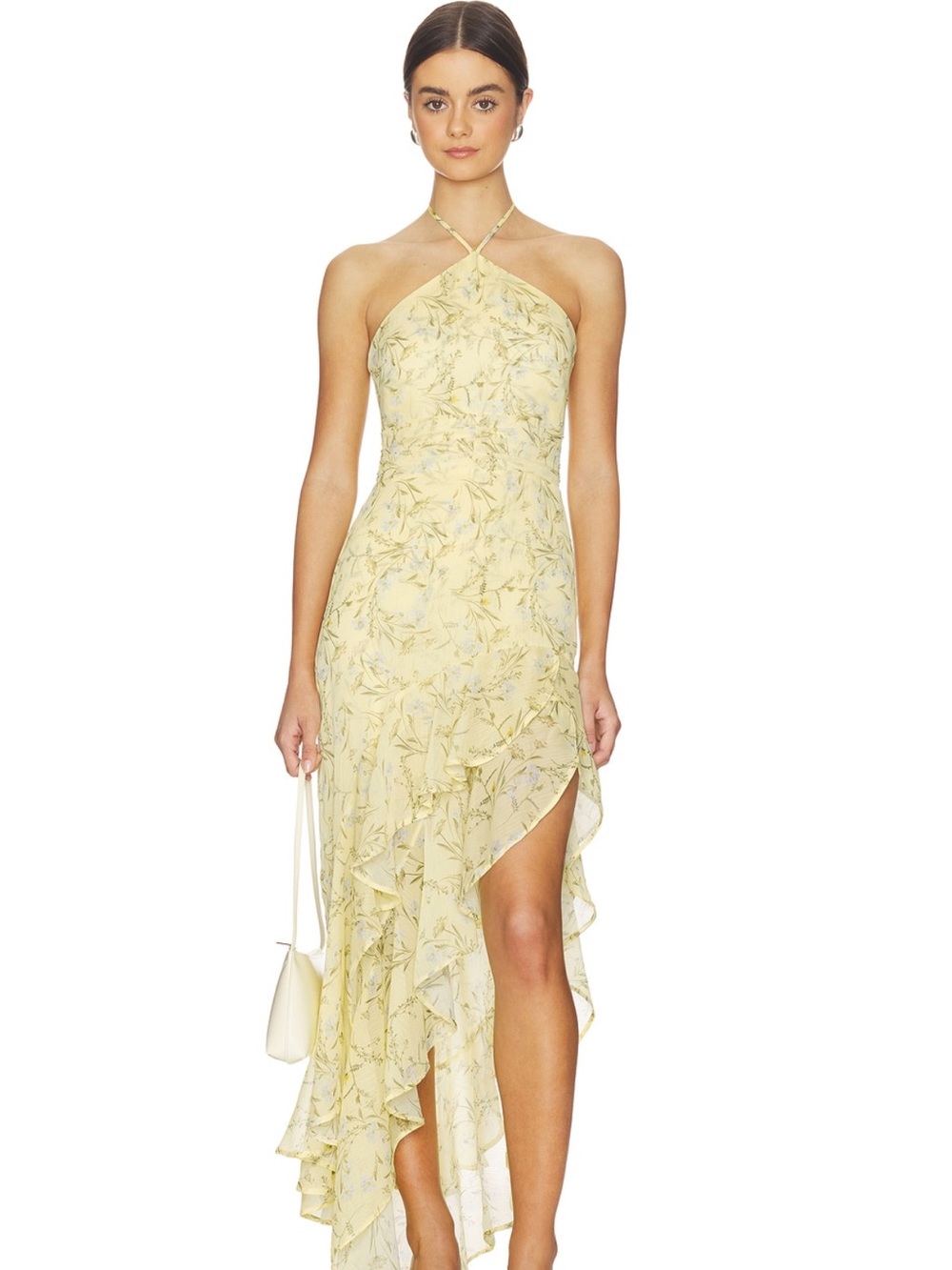 Amanda Uprichard Halter Ruffle High-Low Midi Dress in Pale Yellow